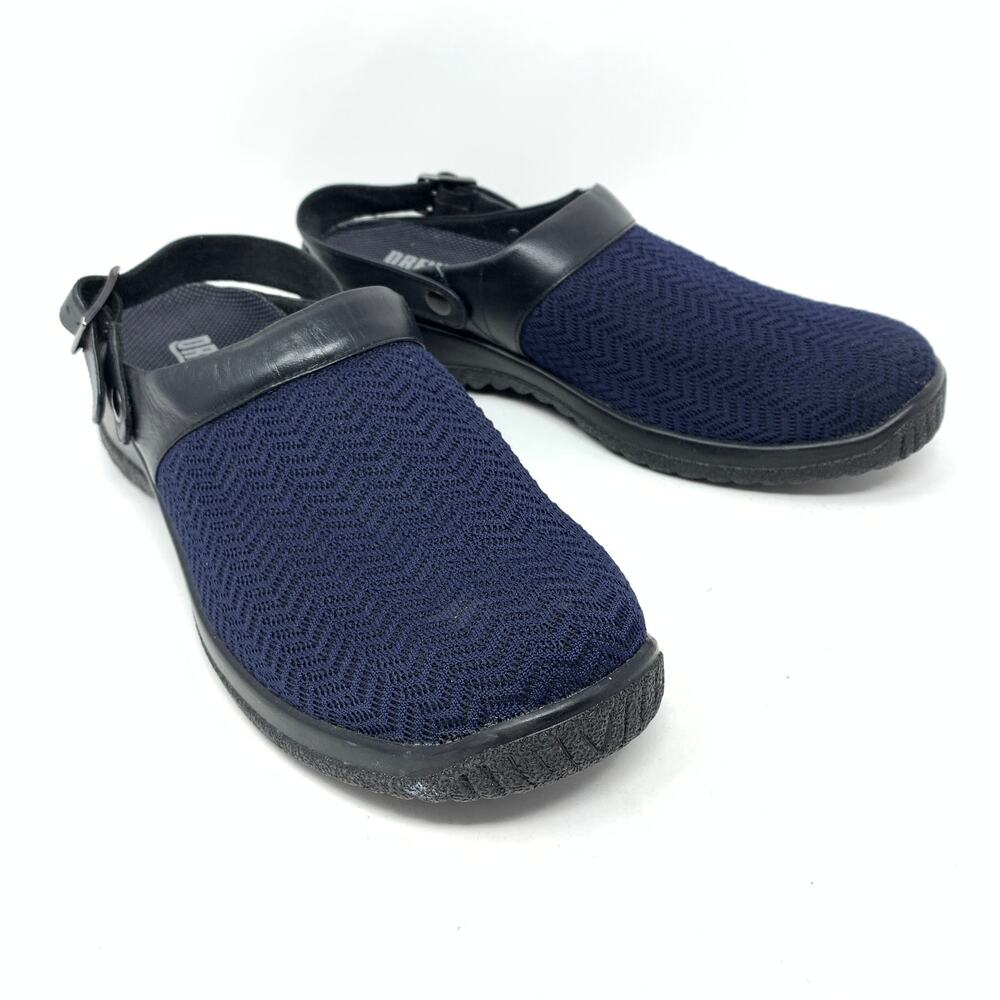 DREW Women's Sz 10 Narrow Savannah Blue Wavy Stretch Fabric Black Leather Clogs